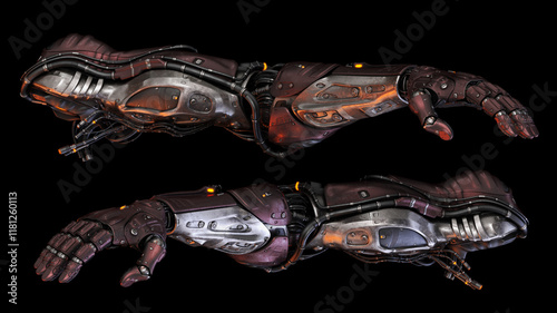 Futuristic cybernetic mechanical robotic arms with intricate design and glowing lights showcasing advanced technology concept against a dark background