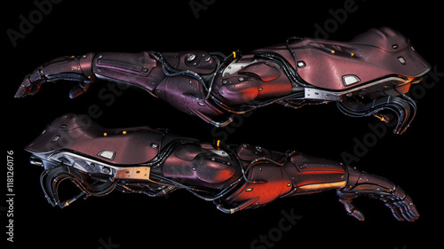 Futuristic robotic prosthetic arms with intricate details and advanced design on a black background, showcasing modern technology and innovation