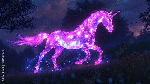A glowing unicorn illuminated by stars in a mystical landscape at twilight.
