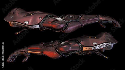 Futuristic robotic arms with intricate details and advanced technology design shown on a black background for innovation and cyber theme
