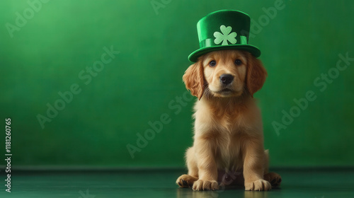 Happy golden retriever puppy in festive St Patrick's day green hat on green holiday background. Irlend and Irish traditional holiday. Banner, poster with copy space photo