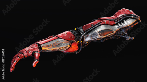 Futuristic red and metallic robotic arm with intricate design, wires, and components on a black background, showcasing advanced technology