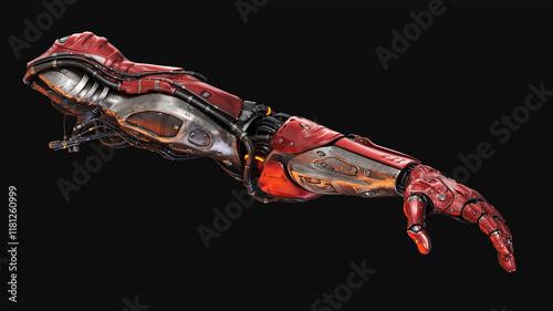 Futuristic red and silver robotic arm with intricate mechanical details on a dark background symbolizing advanced technology and innovation