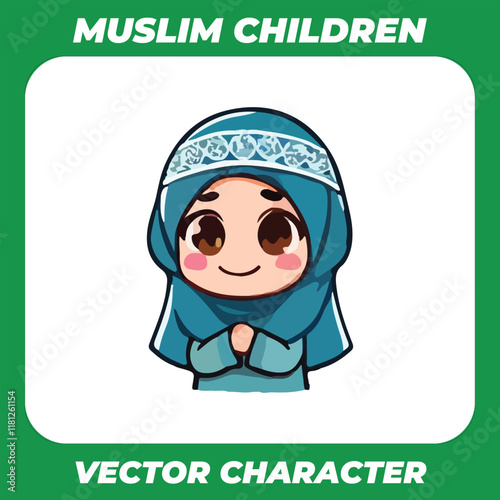 Vector of a small muslim child wearing a hair cover  with a happy expression, suitable for the ramadan theme