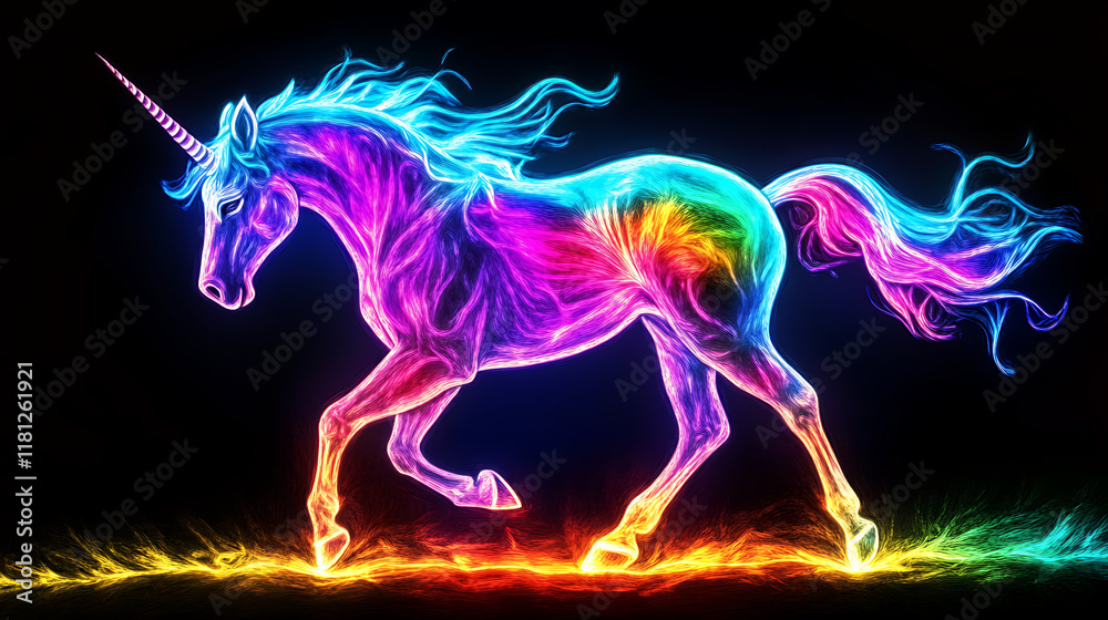 A vibrant, glowing unicorn prancing against a dark background, showcasing magical colors. A vibrant, glowing unicorn prancing against a dark background, showcasing magical colors.