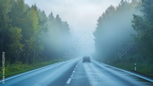 Foggy morning drive along a serene forest highway