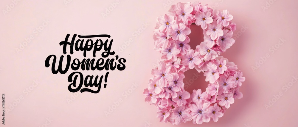 Naklejka premium Happy Womens Day Floral Number Eight Pink Background Stock Photo