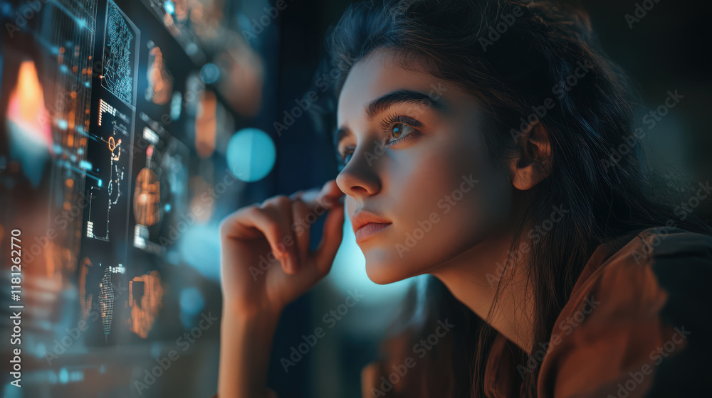 Fototapeta premium Woman looks screen artificial intelligence data