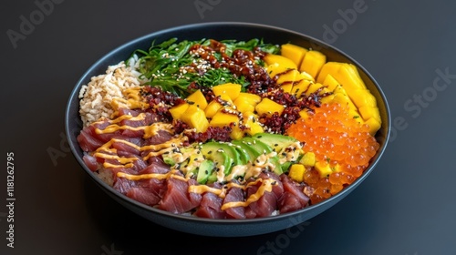 Wallpaper Mural A vibrant poke bowl featuring fresh tuna, mango, avocado, seaweed, rice, and colorful toppings in a dark bowl. Torontodigital.ca