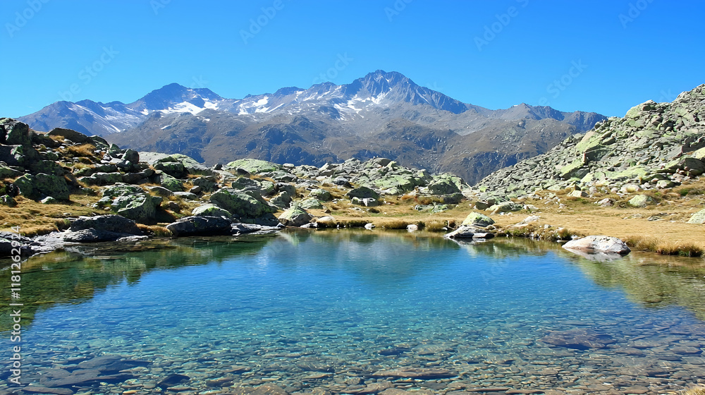 Mountain lake reflecting peaks, serene alpine landscape. Mountain lake reflecting peaks, serene alpine landscape.