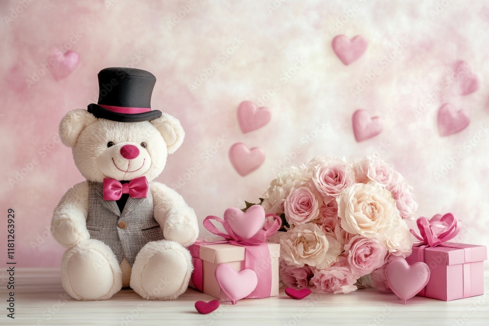 Elegant white teddy bear wearing a black bow tie and top hat surrounded by pastel pink and white roses on a pink background Elegant white teddy bear wearing a black bow tie and top hat surrounded by pastel pink and white roses on a pink background