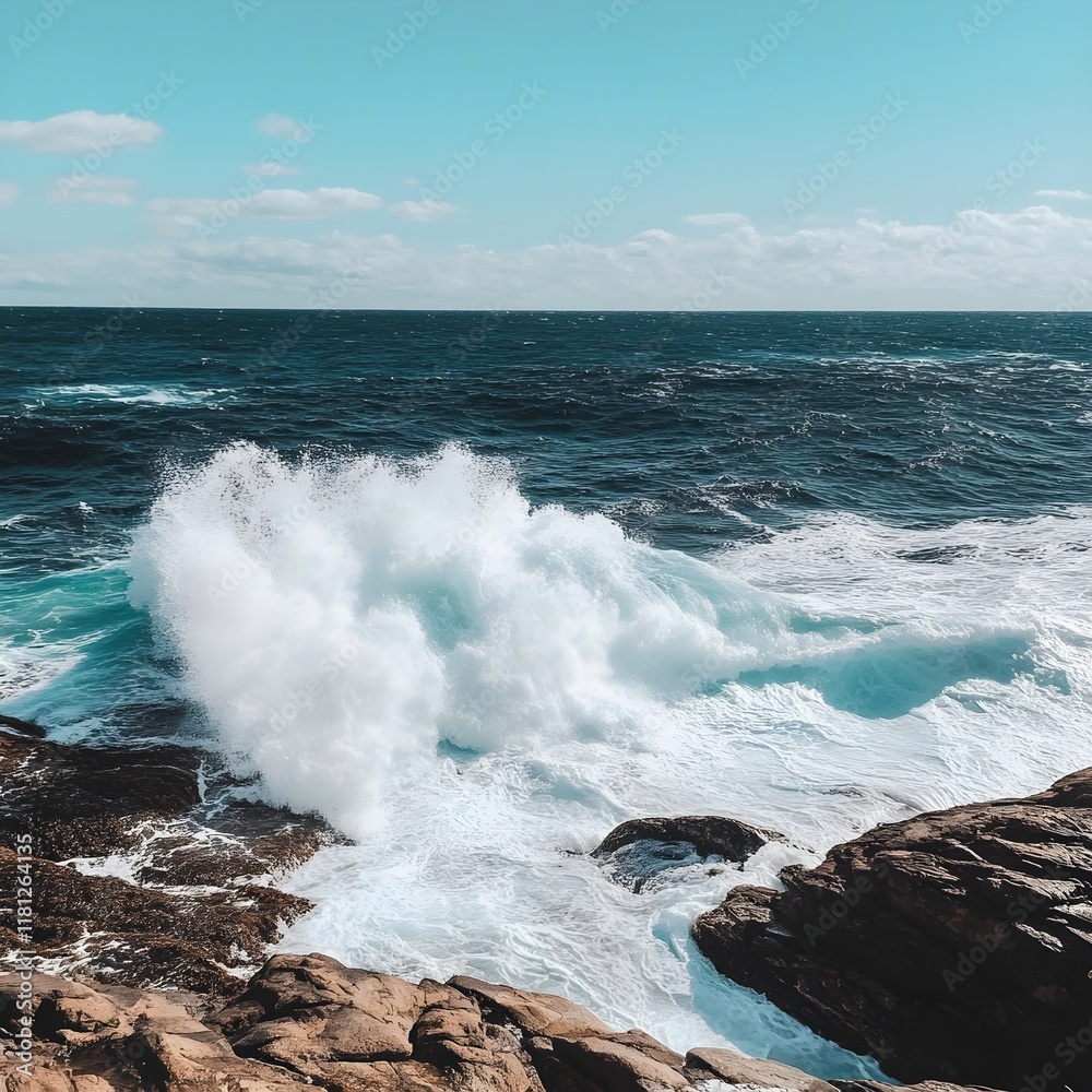 A photo of waves crashing on a rocky shore with white foam spraying. A photo of waves crashing on a rocky shore with white foam spraying.