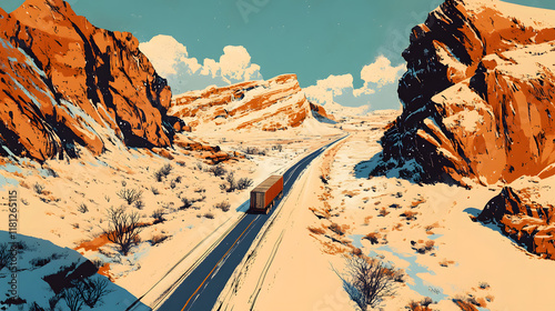 Top View of Snow-Covered Road in Valley with Truck on Asphalt Highway. photo