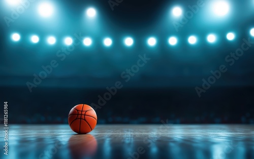 Close-up basketball on a hardwood court under dramatic arena lights perfect for sports promotions tournaments and competitive gaming themes photo