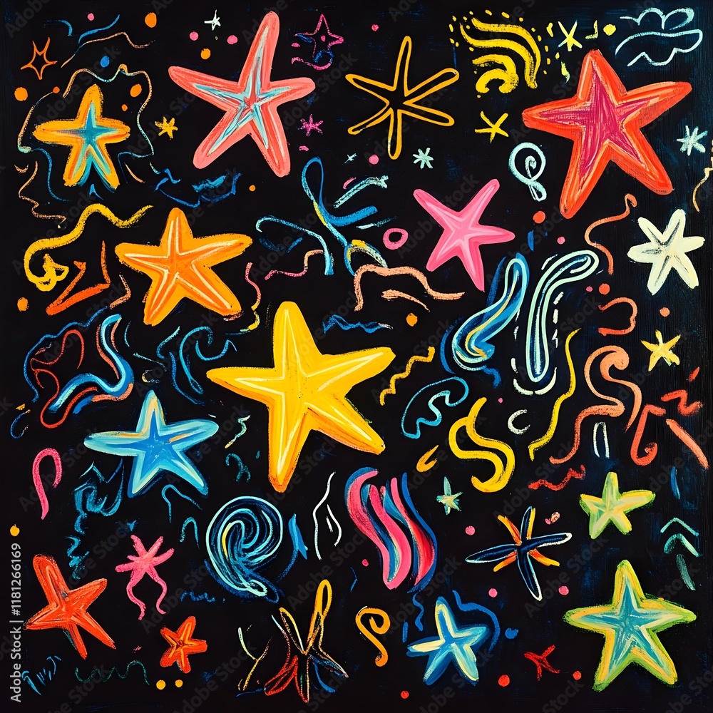 A playful design of hand-drawn stars and squiggles in neon colors on black. A playful design of hand-drawn stars and squiggles in neon colors on black.