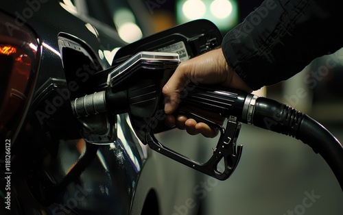 Close-up of a hand refueling a car at a gas station, emphasizing transportation, energy, and automotive services concepts photo