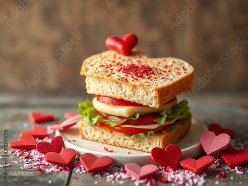 an image of a sandwich with hearts on a plate. photo