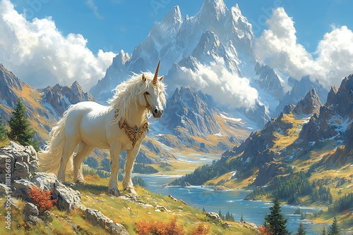 Majestic Unicorn Stands Proudly In Mountainous Landscape photo