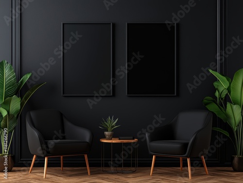 Contemporary dual frame setup on a deep charcoal wall great for showcasing artwork, stylish interior themes, or creative branding mockups photo