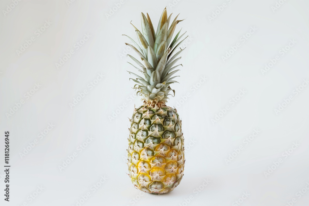 A pineapple with a rough, textured skin, standing upright on a white background. A pineapple with a rough, textured skin, standing upright on a white background.