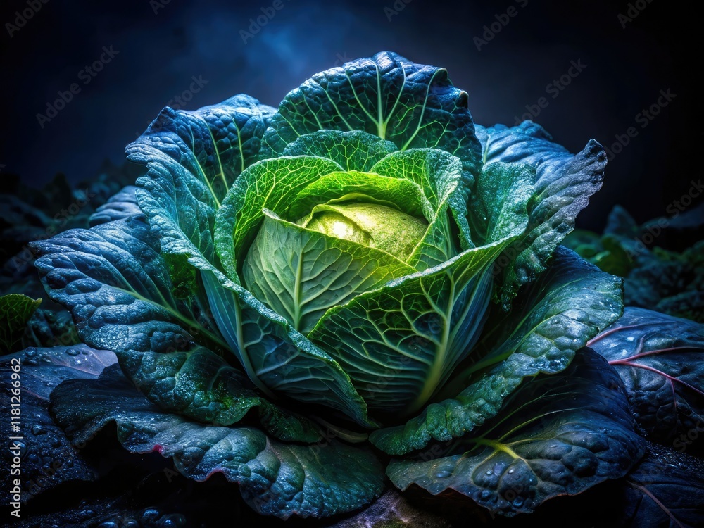 Obraz premium A dark green cabbage, dramatically lit, commands attention in this nighttime still life.