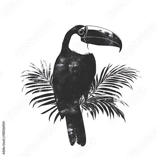 Monochrome toucan perched on palm fronds.