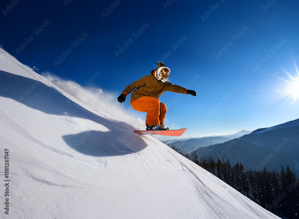 Snowboarder soaring through a crisp, sunny winter landscape. The bright sun shines above a snowy mountain range as the snowboarder executes an aerial maneuver. Snowboarder soaring through a crisp, sunny winter landscape. The bright sun shines above a snowy mountain range as the snowboarder executes an aerial maneuver.