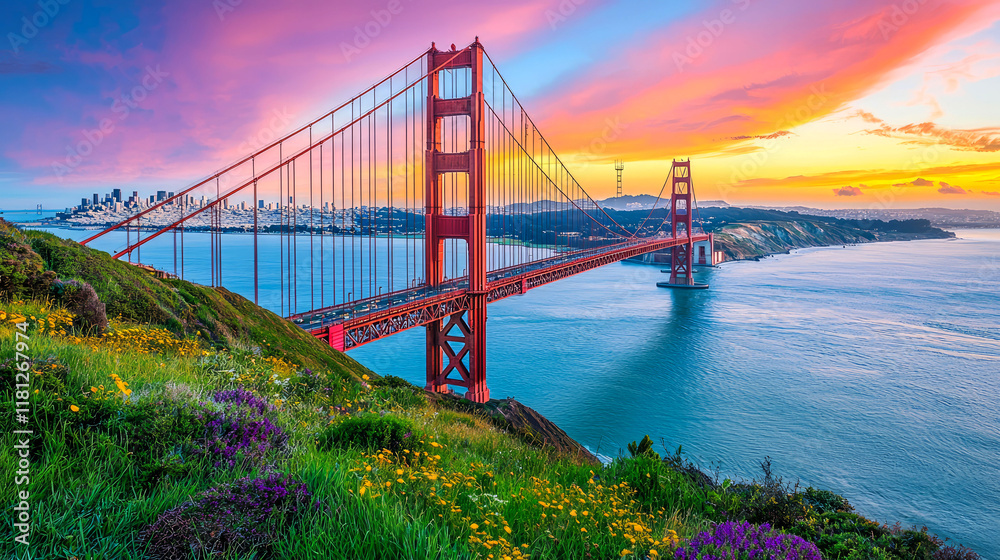 Fototapeta premium Golden Gate Bridge Sunset: A Breathtaking San Francisco Panorama