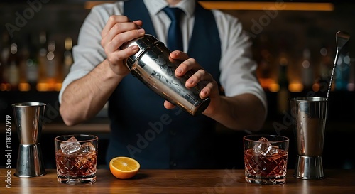 A bartender shaking a cocktail in a shaker. bartender, cocktail, shaking, drink, beverage, alcohol, bar, night, nightlife, party, entertainment, service, mixology, bartender, profession, occupation, s photo