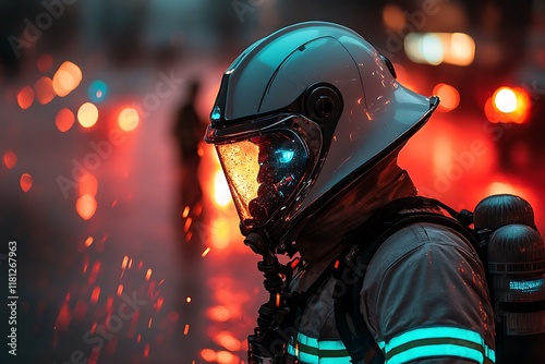 Firefighter in futuristic helmet battling blaze at night photo