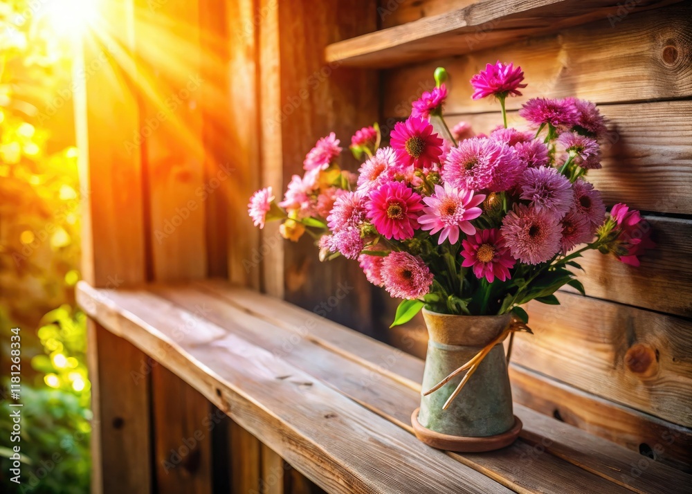 Fototapeta premium Aerial drone shot: rustic pink floral bouquet on farmhouse shelf, charming rustic decor.