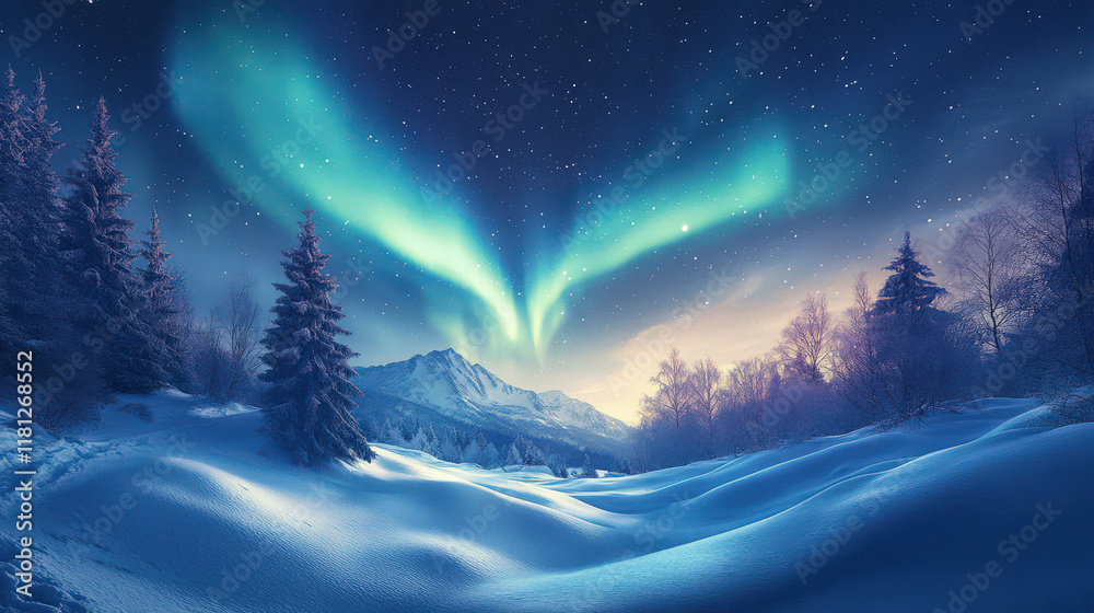 Naklejka premium ``` Northern lights over snow land, mysterious wonder