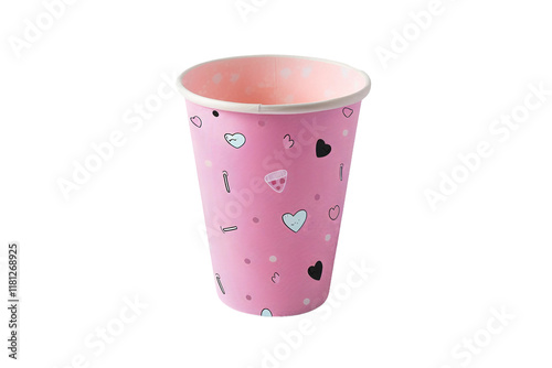 Colorful printed paper cup featuring vibrant designs isolated on transparent background photo