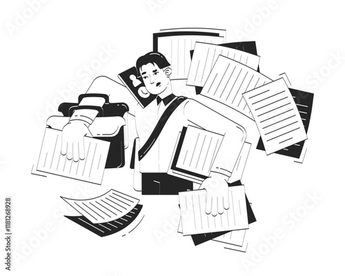 Asian businessman dealing with multiple tasks doodle line illustration concept. Young man entrepreneur overloaded with corporate work 2D outline character isolated. Hand drawn ink drawing monochrome