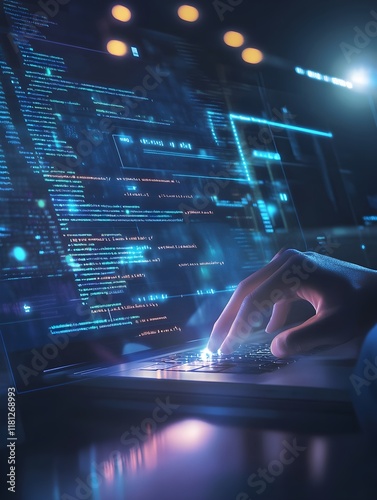 A programmer typing on a holographic screen with glowing code lines.