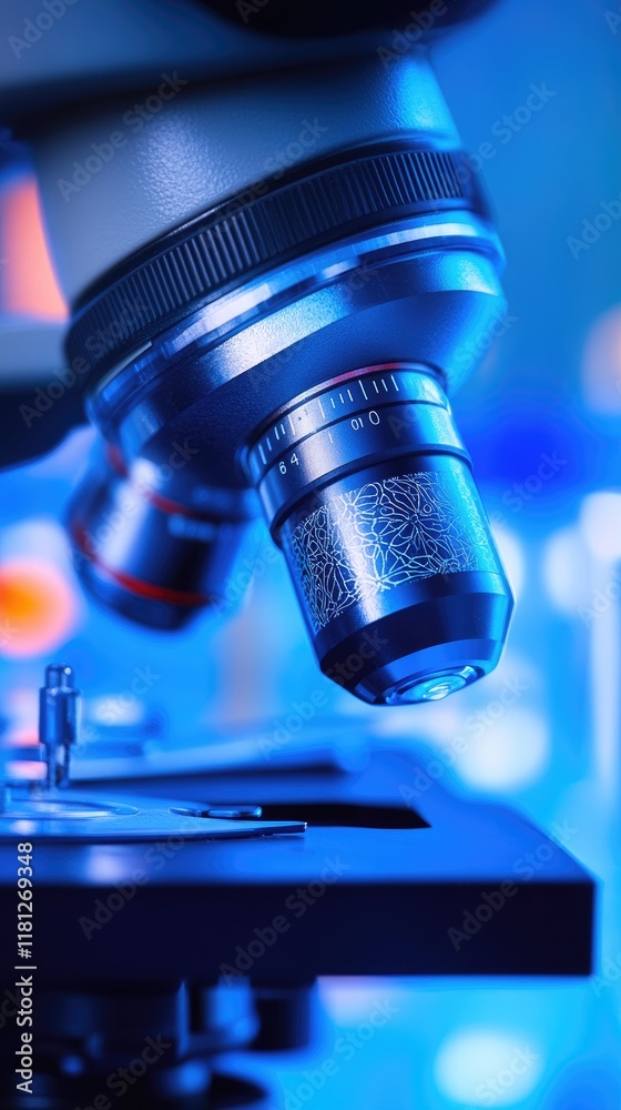 Close-up of a microscope, highlighting its lens and stage for scientific examination. Close-up of a microscope, highlighting its lens and stage for scientific examination.