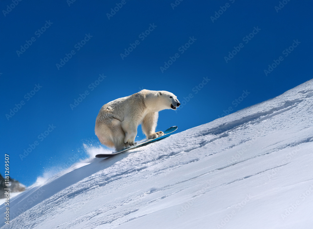 A polar bear snowboards down a snowy slope under a vibrant blue sky. The snow sprays as it carves a turn. A polar bear snowboards down a snowy slope under a vibrant blue sky. The snow sprays as it carves a turn.