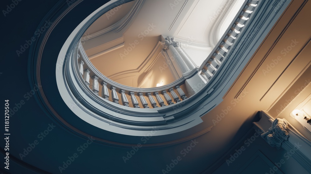 Fototapeta premium A beautifully designed staircase with intricate railings and soft lighting.