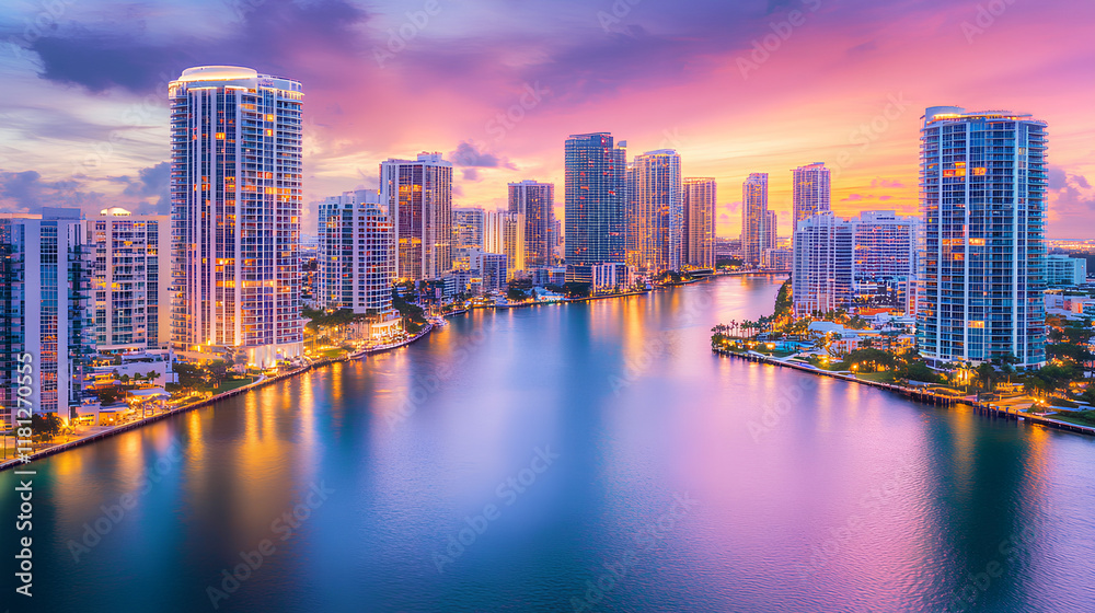 Naklejka premium As sun rises over horizon on a sunny Miami morning, panoramic view of bay unfolds before me, with vibrant colors of sunrise casting a warm glow over sparkling water, creating a breathtaking scene 