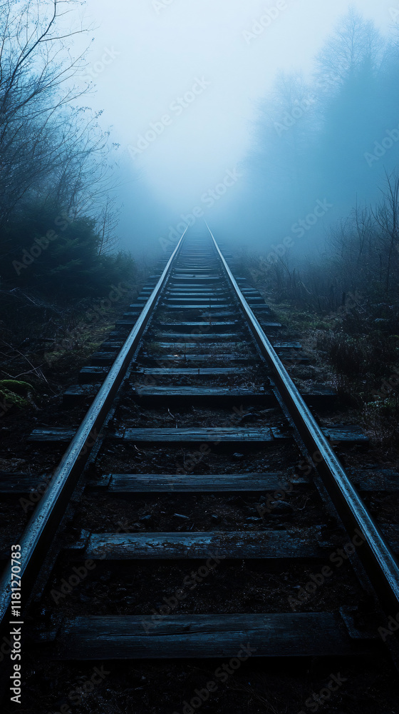 Fototapeta premium An abandoned train track disappearing into the fog, creating a haunting atmosphere.