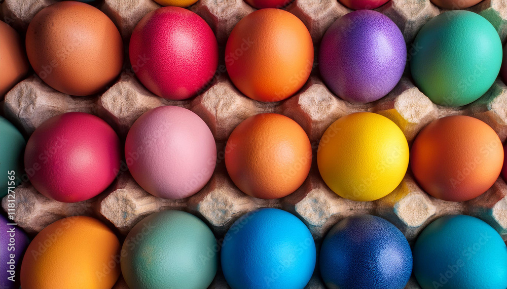 A close-up, overhead view of a cardboard egg carton filled with brightly colored Easter eggs.