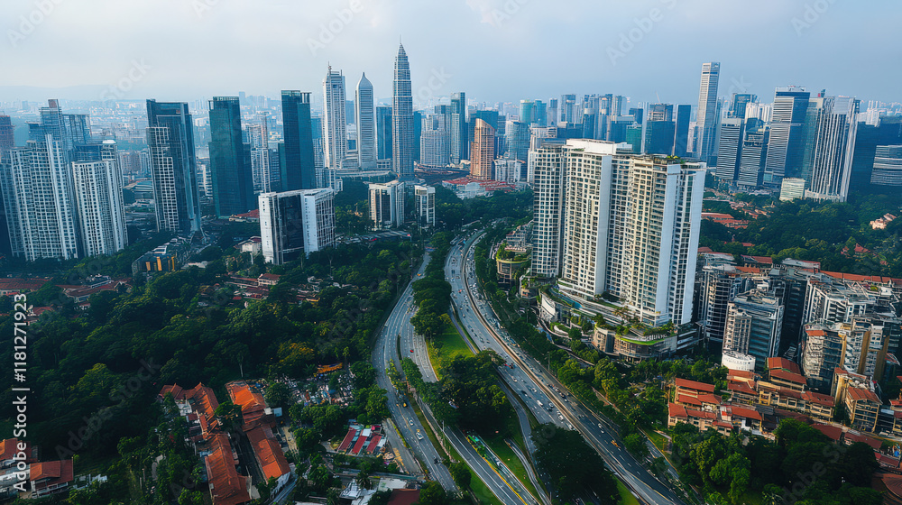 Obraz premium City aerial view skyscrapers highway green trees