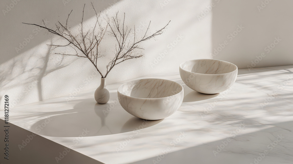 Minimalist white surface and bowls cast shadows Minimalist white surface and bowls cast shadows