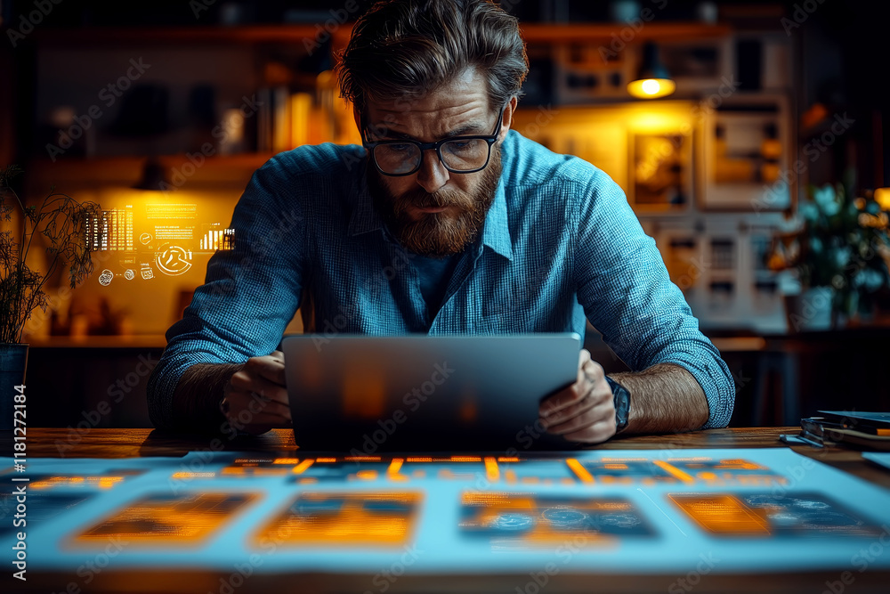 Marketing professional analyzing campaign data with digital tools in creative workspace