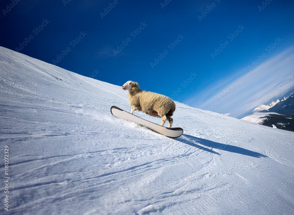 Naklejka premium A fluffy sheep bravely snowboards down a pristine, snow-covered mountain slope under a vibrant blue sky. The scene is filled with winter wonderland charm and a touch of the unexpected.