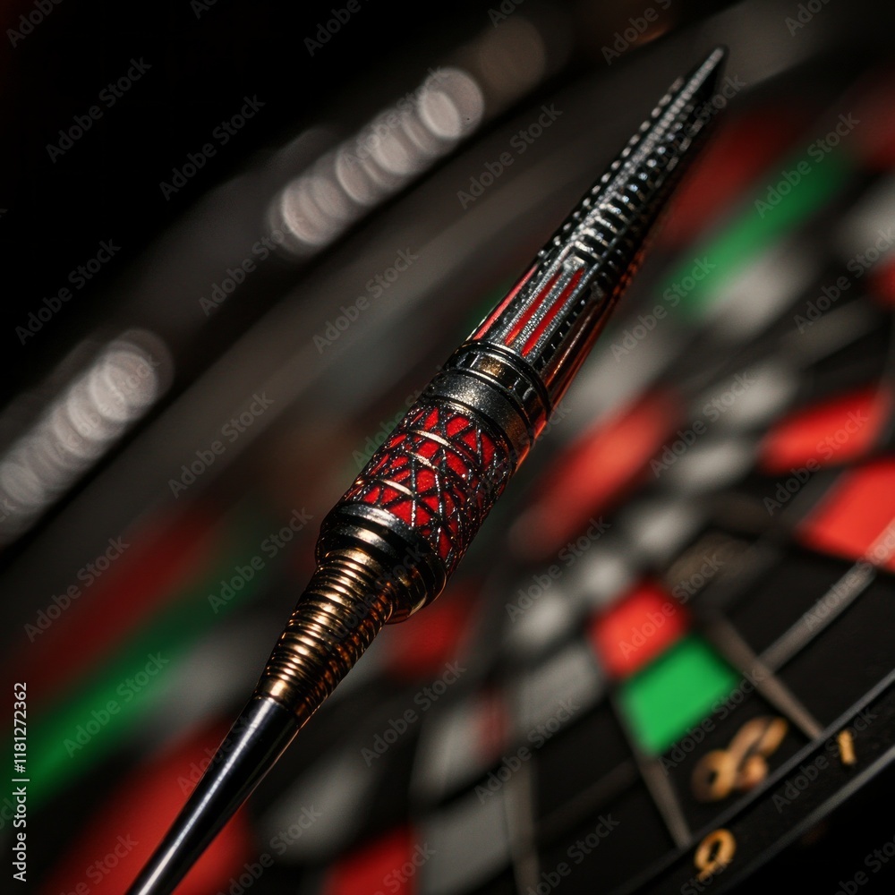 A dart flies through the air, striking the bullseye on the dartboard. The colorful layout glows under soft lighting, capturing the excitement of competition in a buzzing game venue
