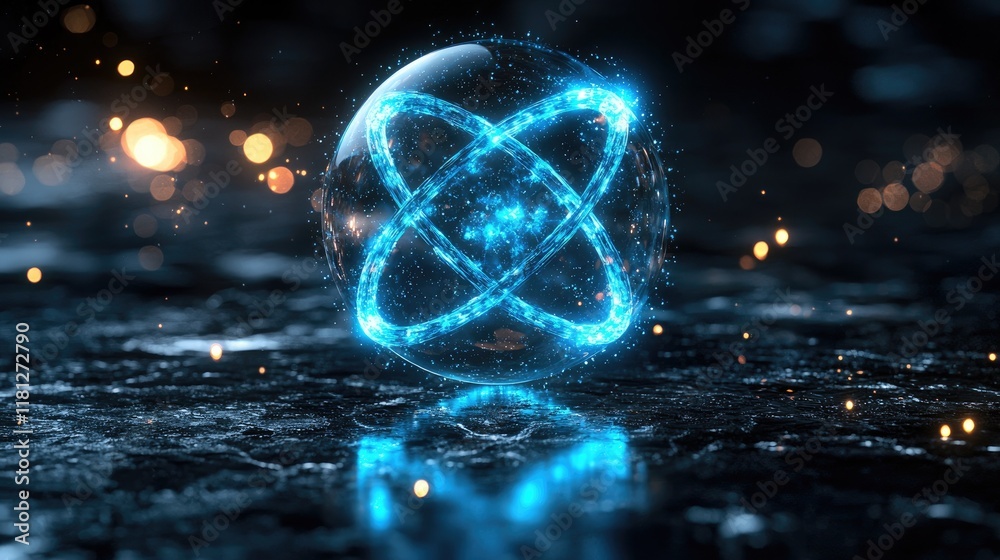 Obraz premium Mesmerizing Quantum Atom: A Glowing Blue Sphere in a Dark Universe. Abstract Science and Technology Digital Art