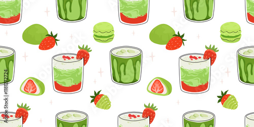 Japanese Matcha Food. Seamless pattern with Matcha Cheesecake and Matcha Tea. Vegan japanese green tea pastries and drink. Repeated Vector background, wrapping paper. Baked tart with green tea flavor.