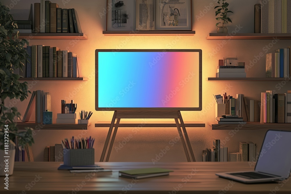 A vibrant TV screen on a wooden stand in a cozy private office with bookshelves, warm lighting, and a creative workspace atmosphere A vibrant TV screen on a wooden stand in a cozy private office with bookshelves, warm lighting, and a creative workspace atmosphere
