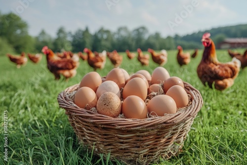 Fresh organic eggs gathering in basket on green pasture with free range chickens